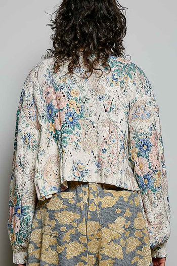 POL Floral Chenille Balloon Sleeve Cardigan in Cream