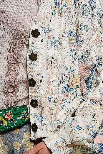 POL Floral Chenille Balloon Sleeve Cardigan in Cream