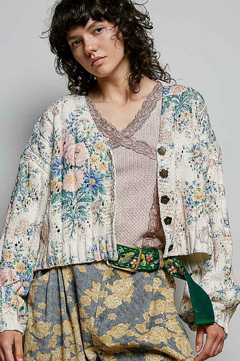 POL Floral Chenille Balloon Sleeve Cardigan in Cream