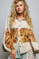 POL Vintage Floral Patchwork Tiered Button-Front Blouse in Taupe