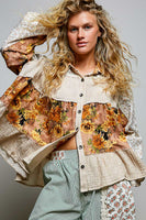 POL Vintage Floral Patchwork Tiered Button-Front Blouse in Taupe
