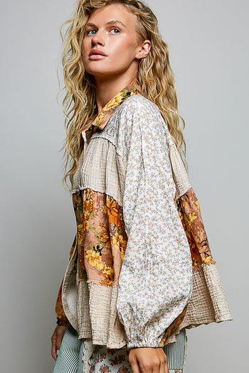 POL Vintage Floral Patchwork Tiered Button-Front Blouse in Taupe