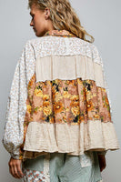 POL Vintage Floral Patchwork Tiered Button-Front Blouse in Taupe