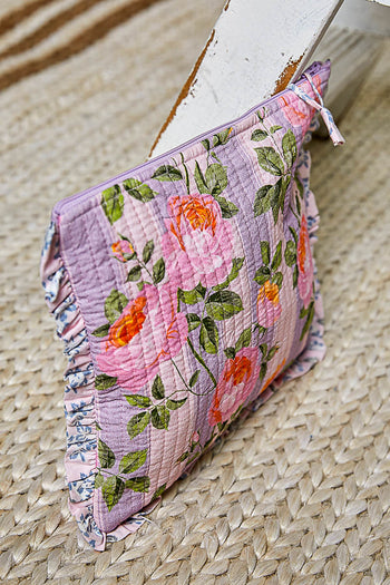 POL Floral Quilted Ruffle Trim Pouch in Lavender Multi