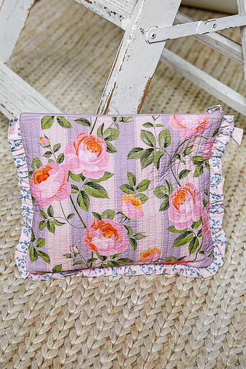 POL Floral Quilted Ruffle Trim Pouch in Lavender Multi