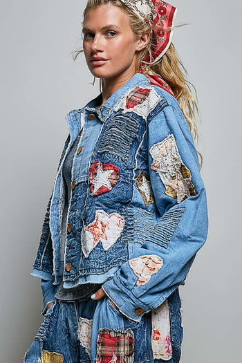 POL Patchwork Denim Jacket With Handcrafted Appliqué Details in Denim Multi