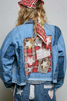 POL Patchwork Denim Jacket With Handcrafted Appliqué Details in Denim Multi