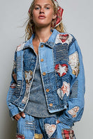 POL Patchwork Denim Jacket With Handcrafted Appliqué Details in Denim Multi