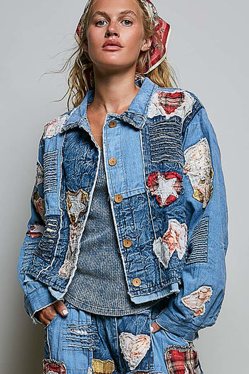 POL Patchwork Denim Jacket With Handcrafted Appliqué Details in Denim Multi