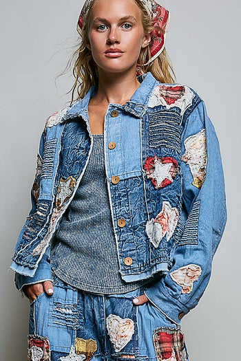 POL Patchwork Denim Jacket With Handcrafted Appliqué Details in Denim Multi