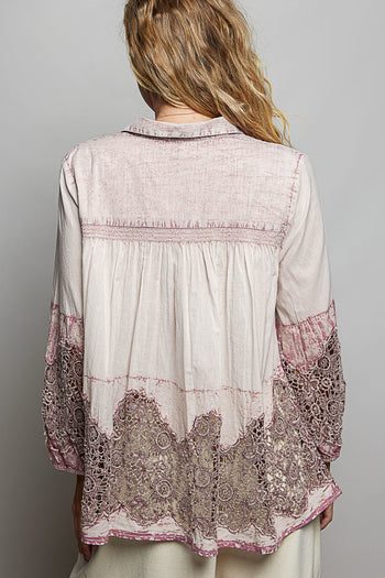 POL Woven Top with Crochet Lace Details in Blush