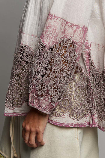 POL Woven Top with Crochet Lace Details in Blush