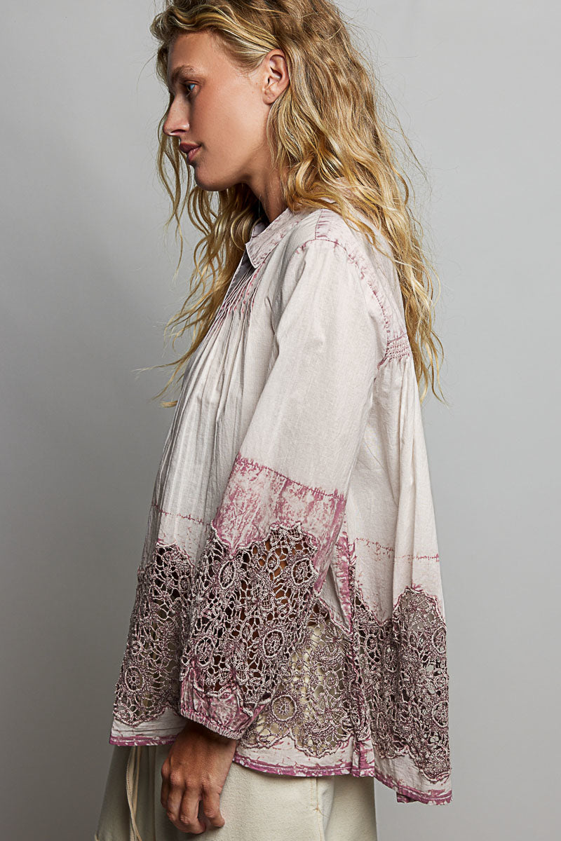 POL Woven Top with Crochet Lace Details in Blush – June Adel