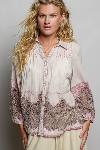 POL Woven Top with Crochet Lace Details in Blush