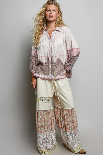 POL Woven Top with Crochet Lace Details in Blush