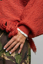 Load image into Gallery viewer, POL Poncho Sweater with Flower and Fringe Details in Brick
