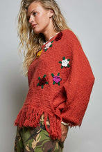 Load image into Gallery viewer, POL Poncho Sweater with Flower and Fringe Details in Brick
