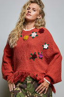 POL Poncho Sweater with Flower and Fringe Details in Brick
