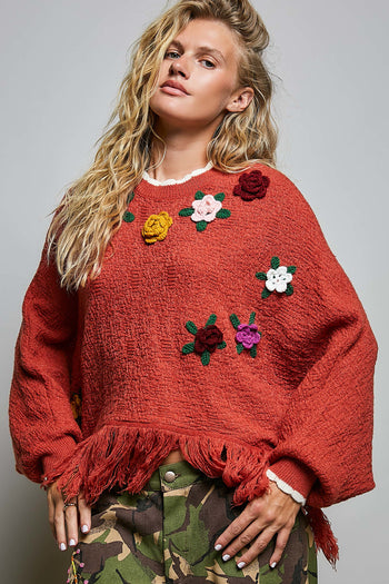 POL Poncho Sweater with Flower and Fringe Details in Brick