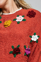 POL Poncho Sweater with Flower and Fringe Details in Brick
