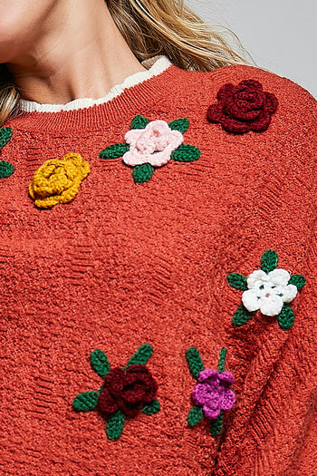 POL Poncho Sweater with Flower and Fringe Details in Brick