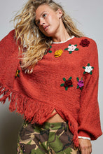 Load image into Gallery viewer, POL Poncho Sweater with Flower and Fringe Details in Brick
