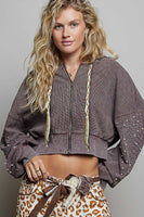 POL Studded Sleeve Washed Thermal Hoodie Top in Coffee Bean