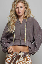 Load image into Gallery viewer, POL Studded Sleeve Washed Thermal Hoodie Top in Coffee Bean
