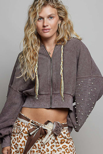 POL Studded Sleeve Washed Thermal Hoodie Top in Coffee Bean