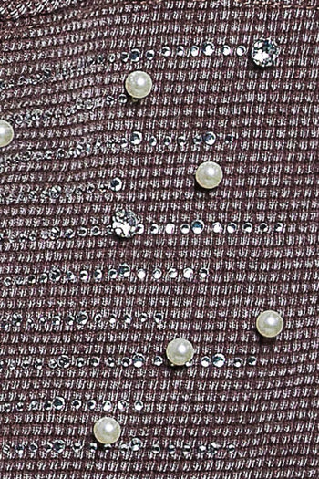 POL Studded Sleeve Washed Thermal Hoodie Top in Coffee Bean