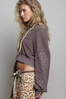 POL Studded Sleeve Washed Thermal Hoodie Top in Coffee Bean