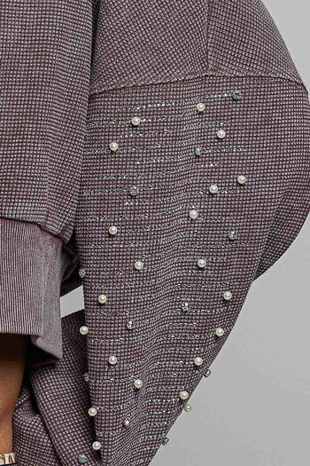 POL Studded Sleeve Washed Thermal Hoodie Top in Coffee Bean