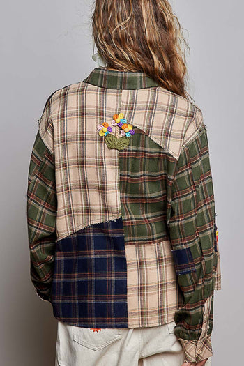 POL Mixed Plaid Button Down Top in Green Multi