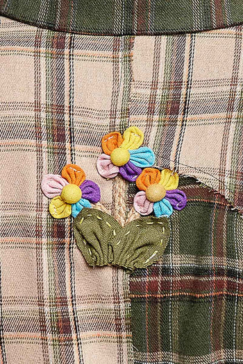 POL Mixed Plaid Button Down Top in Green Multi