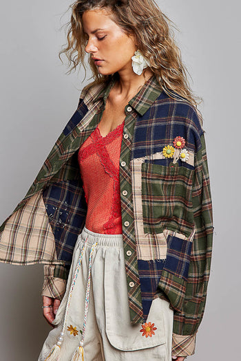 POL Mixed Plaid Button Down Top in Green Multi