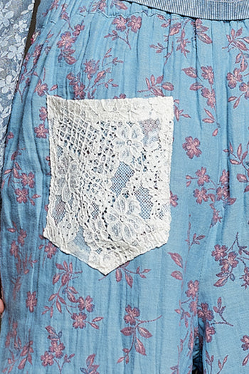 POL Printed Gauze Pants with Lace Details in
