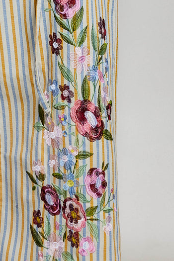 POL Floral Embroidered Patchwork Denim Pants in Mustard Stripe