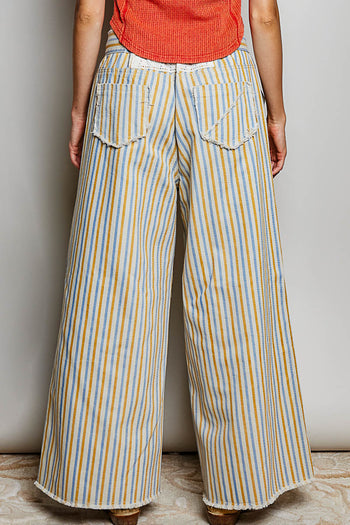 POL Floral Embroidered Patchwork Denim Pants in Mustard Stripe