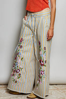 POL Floral Embroidered Patchwork Denim Pants in Mustard Stripe