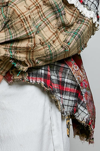 POL Mixed Plaid Patchwork Lace Trim Top in Red Multi