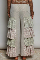 POL Thermal Knit Pants with Contrasting Layered Mixed Ruffle Legs in Sand