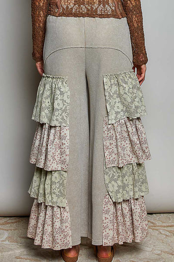 POL Thermal Knit Pants with Contrasting Layered Mixed Ruffle Legs in Sand