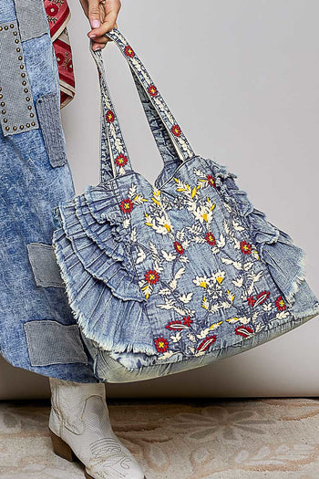 POL Denim Tote Bag With Embroidered Details in Denim