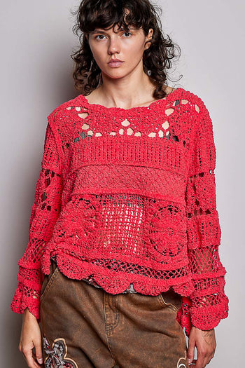 POL Crochet Knit Sweater in Apple Red