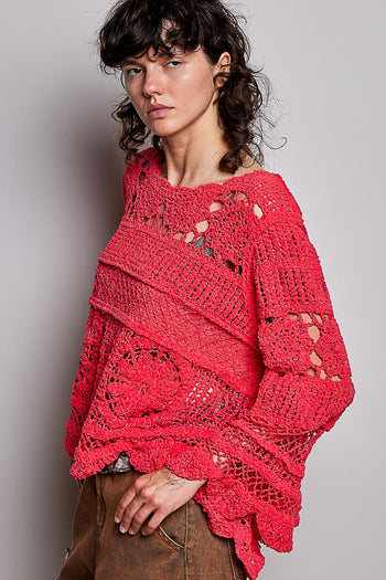 POL Crochet Knit Sweater in Apple Red