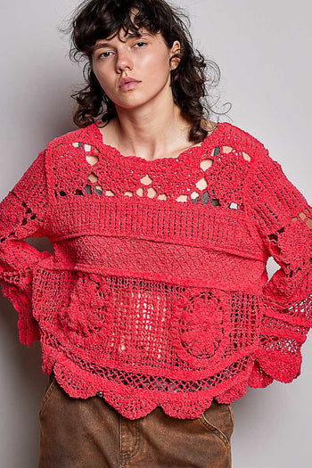 POL Crochet Knit Sweater in Apple Red