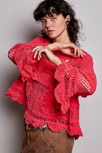 POL Crochet Knit Sweater in Apple Red