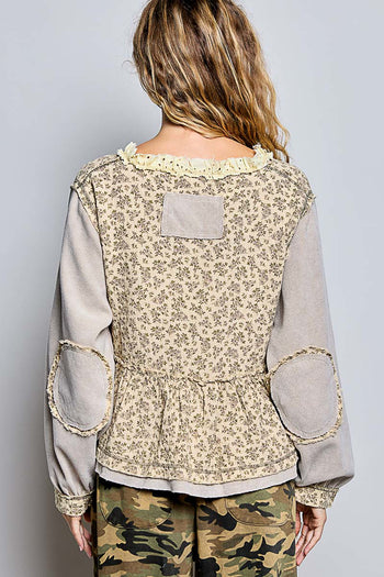 POL Vintage Washed Floral Gauze Balloon Sleeve Top in Sand/Natural