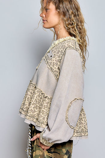 POL Vintage Washed Floral Gauze Balloon Sleeve Top in Sand/Natural