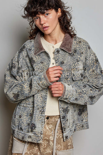 POL Beaded Washed Denim Jacket in Choco Leopard